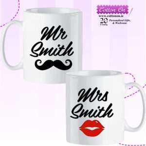 Personalised  Mr & Mrs, Mr & Mr, Mrs & Mrs. Mug with Moustache & Red Lips Design printed by Cotton On. Personalise this Mug Set with a surname of your choice, up to 15 characters.